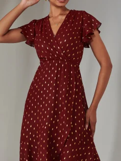 Metallic Spot Textured Chiffon Maxi Dress, Burgundy
