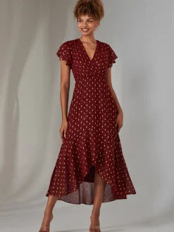 Metallic Spot Textured Chiffon Maxi Dress, Burgundy