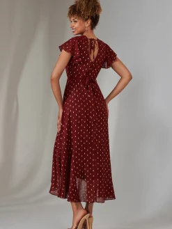 Metallic Spot Textured Chiffon Maxi Dress, Burgundy