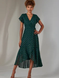 Metallic Spot Textured Chiffon Maxi Dress, Dark Green