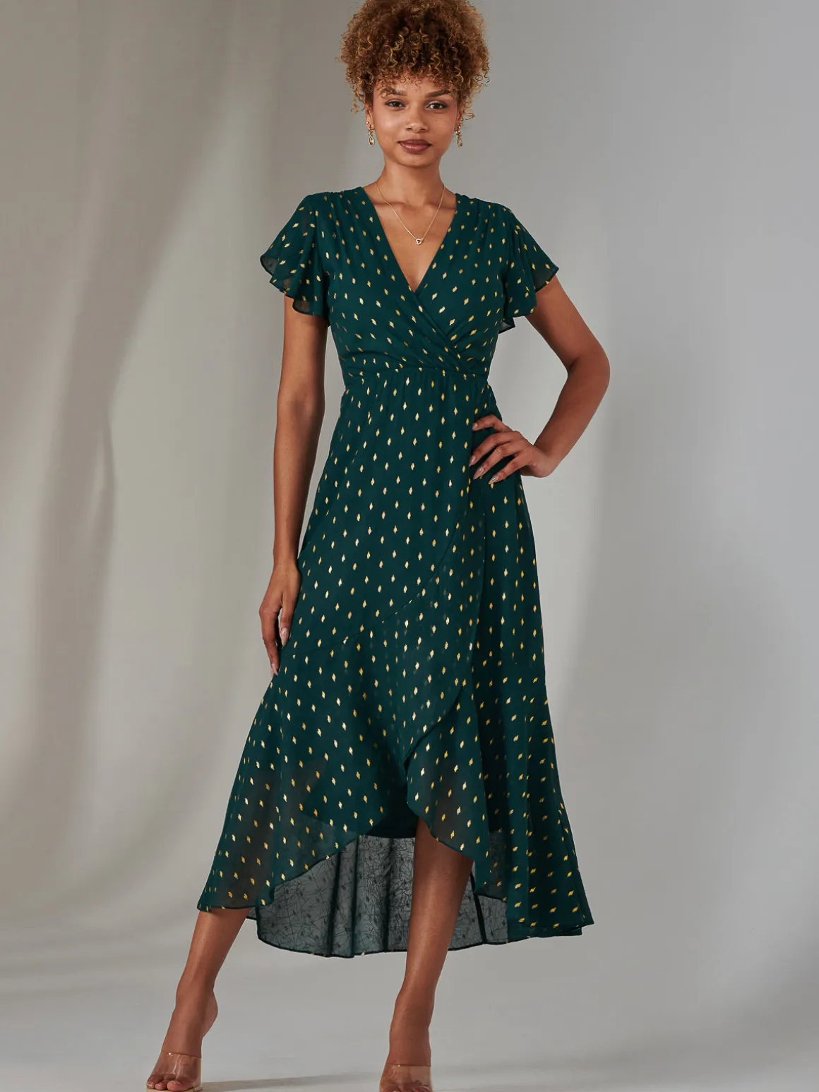 Metallic Spot Textured Chiffon Maxi Dress, Dark Green