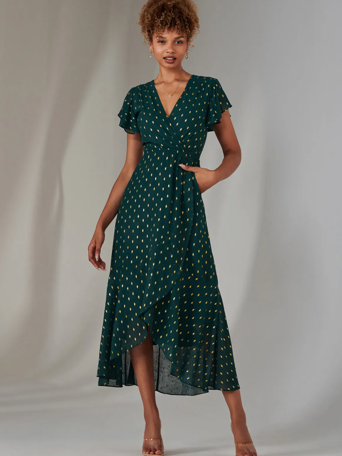 Metallic Spot Textured Chiffon Maxi Dress, Dark Green