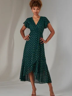 Metallic Spot Textured Chiffon Maxi Dress, Dark Green