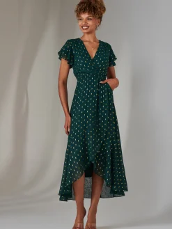 Metallic Spot Textured Chiffon Maxi Dress, Dark Green