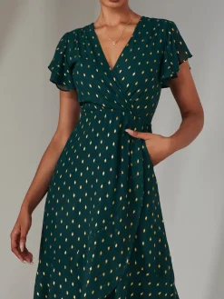 Metallic Spot Textured Chiffon Maxi Dress, Dark Green