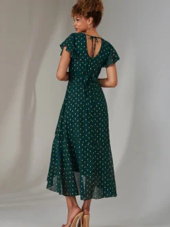 Metallic Spot Textured Chiffon Maxi Dress, Dark Green