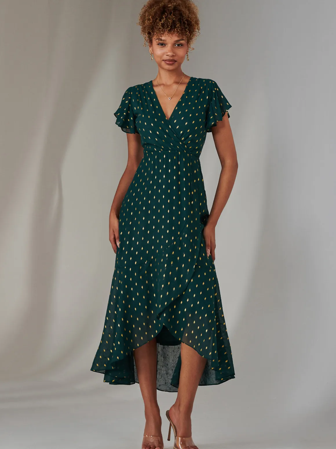 Metallic Spot Textured Chiffon Maxi Dress, Dark Green