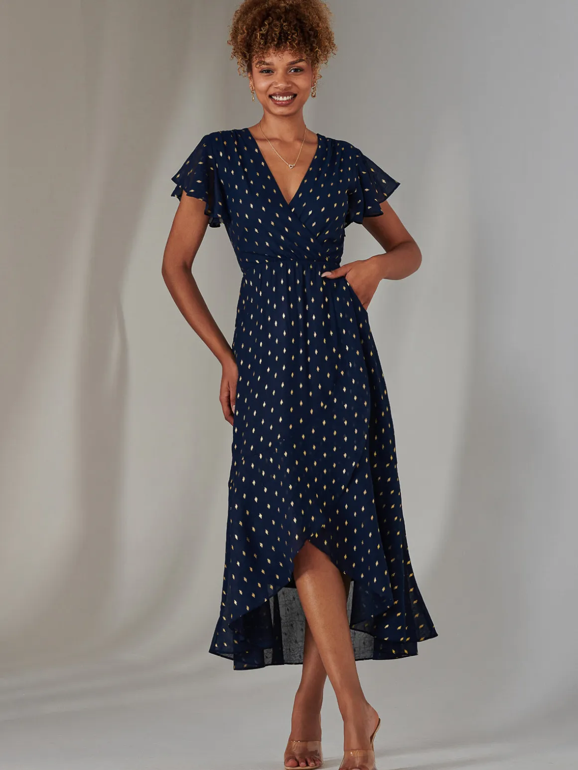 Metallic Spot Textured Chiffon Maxi Dress, Navy