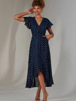 Metallic Spot Textured Chiffon Maxi Dress, Navy