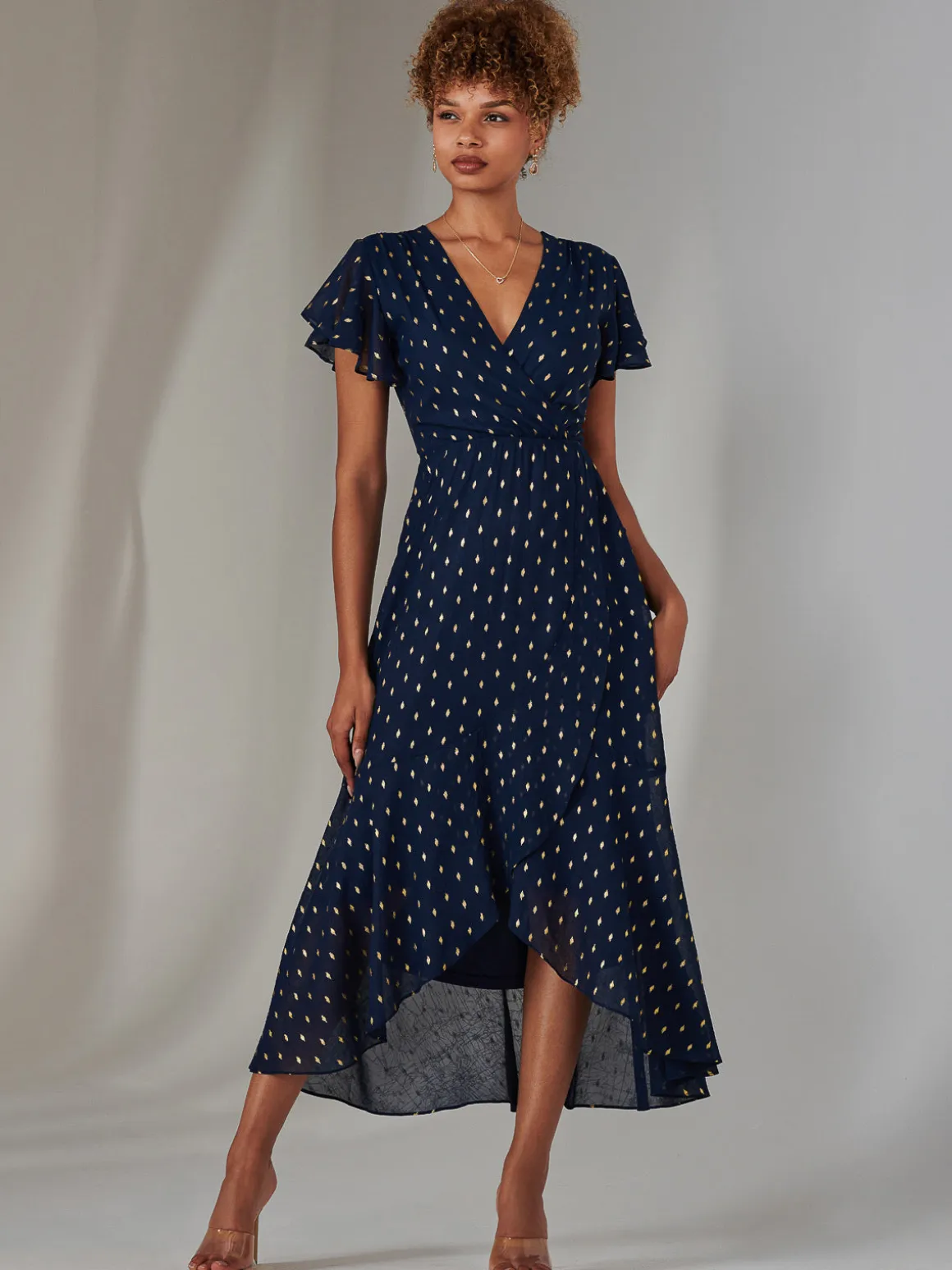 Metallic Spot Textured Chiffon Maxi Dress, Navy