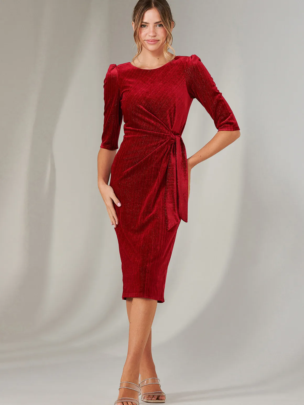 Metallic Thread Velvet Midi Dress, Burgundy