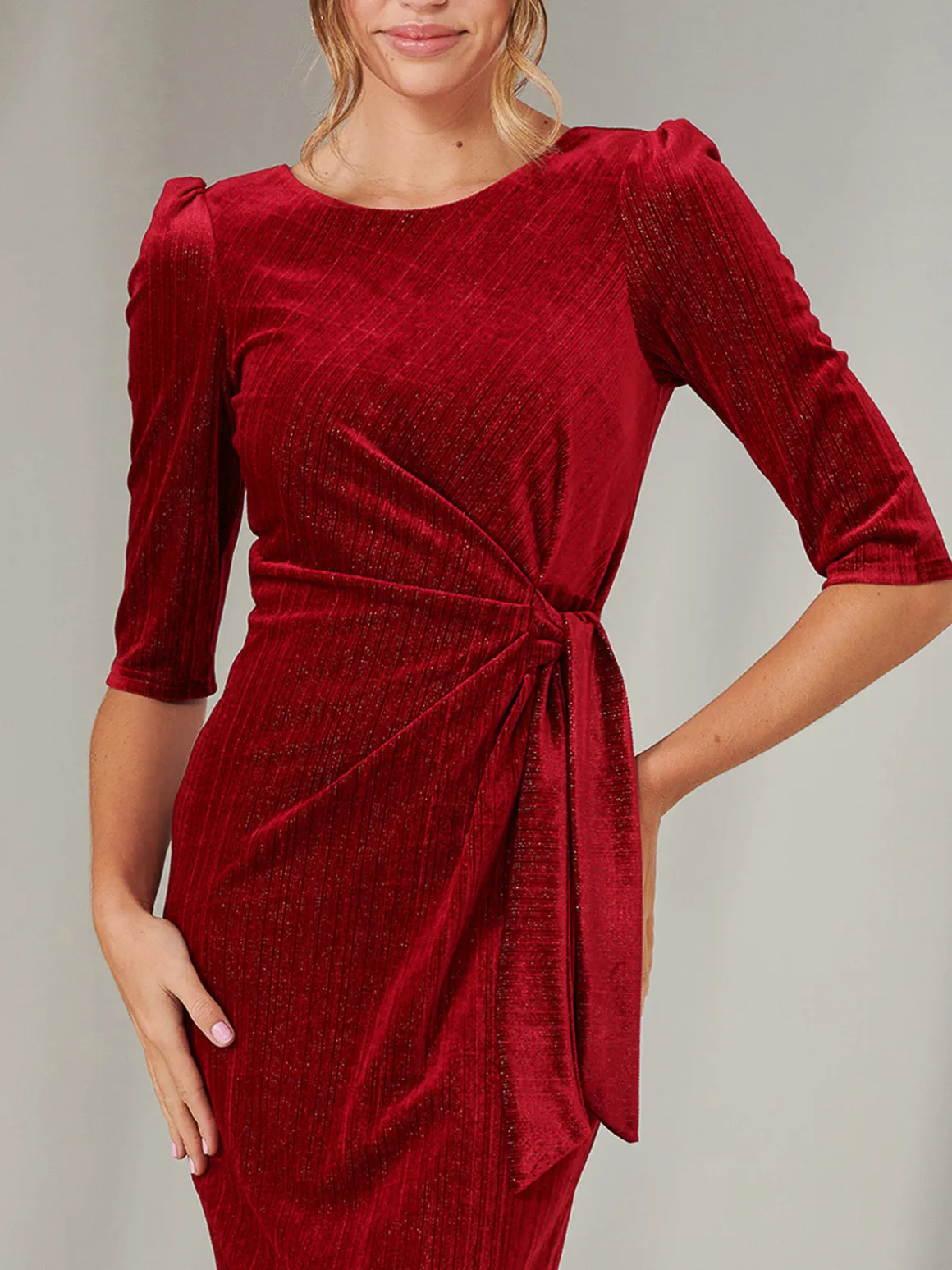 Metallic Thread Velvet Midi Dress, Burgundy