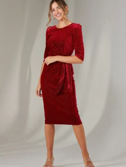 Metallic Thread Velvet Midi Dress, Burgundy