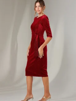 Metallic Thread Velvet Midi Dress, Burgundy