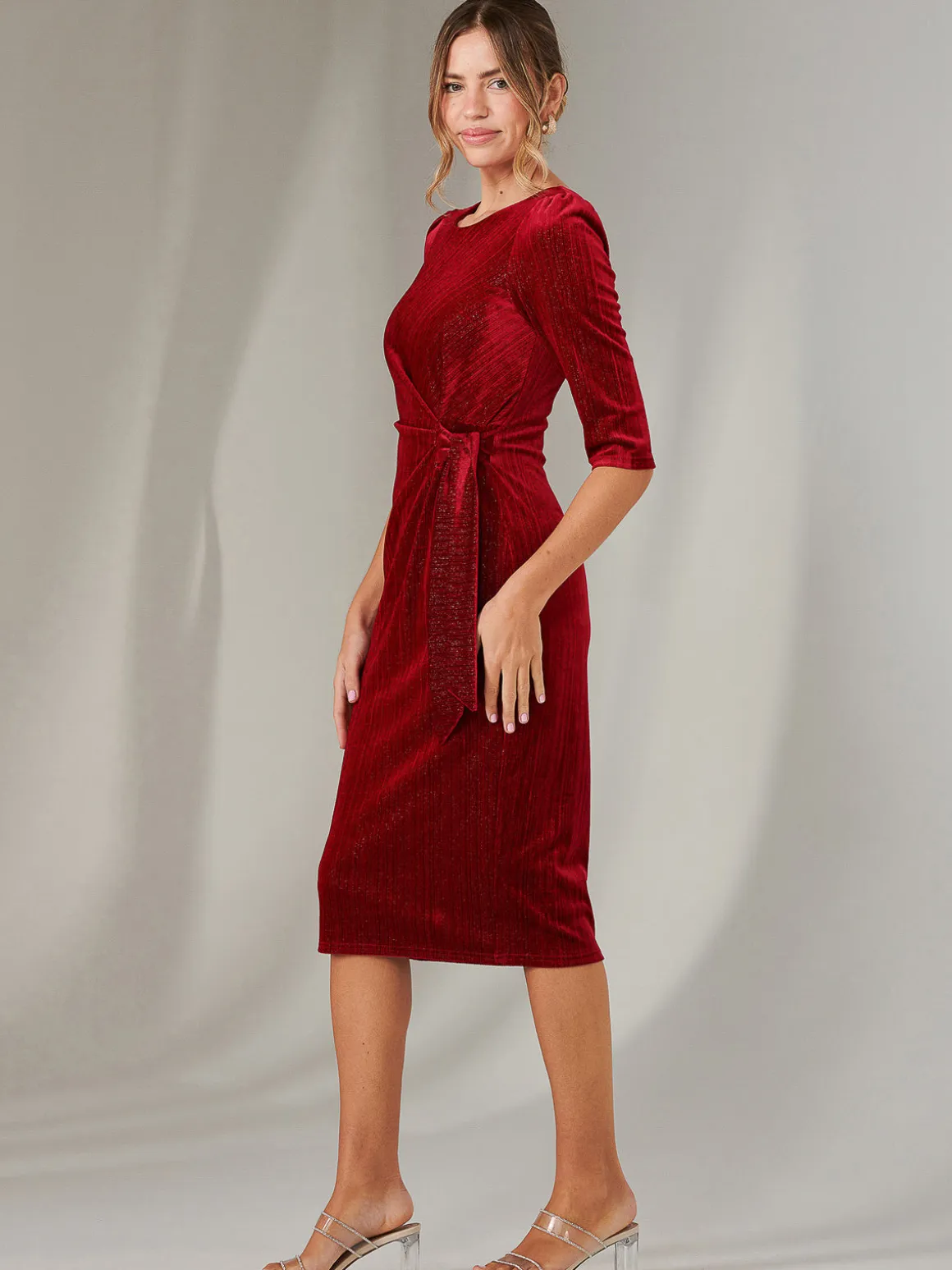 Metallic Thread Velvet Midi Dress, Burgundy