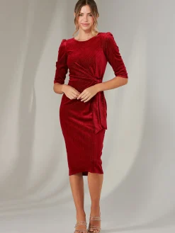 Metallic Thread Velvet Midi Dress, Burgundy
