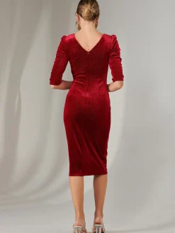 Metallic Thread Velvet Midi Dress, Burgundy