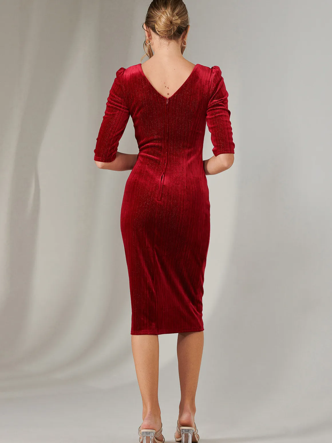 Metallic Thread Velvet Midi Dress, Burgundy