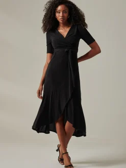 Metallic Tie Waist Wrapped Maxi Dress, Black