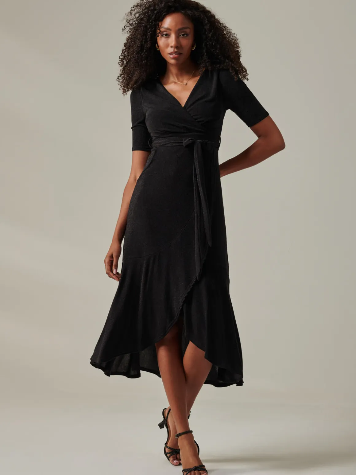 Metallic Tie Waist Wrapped Maxi Dress, Black