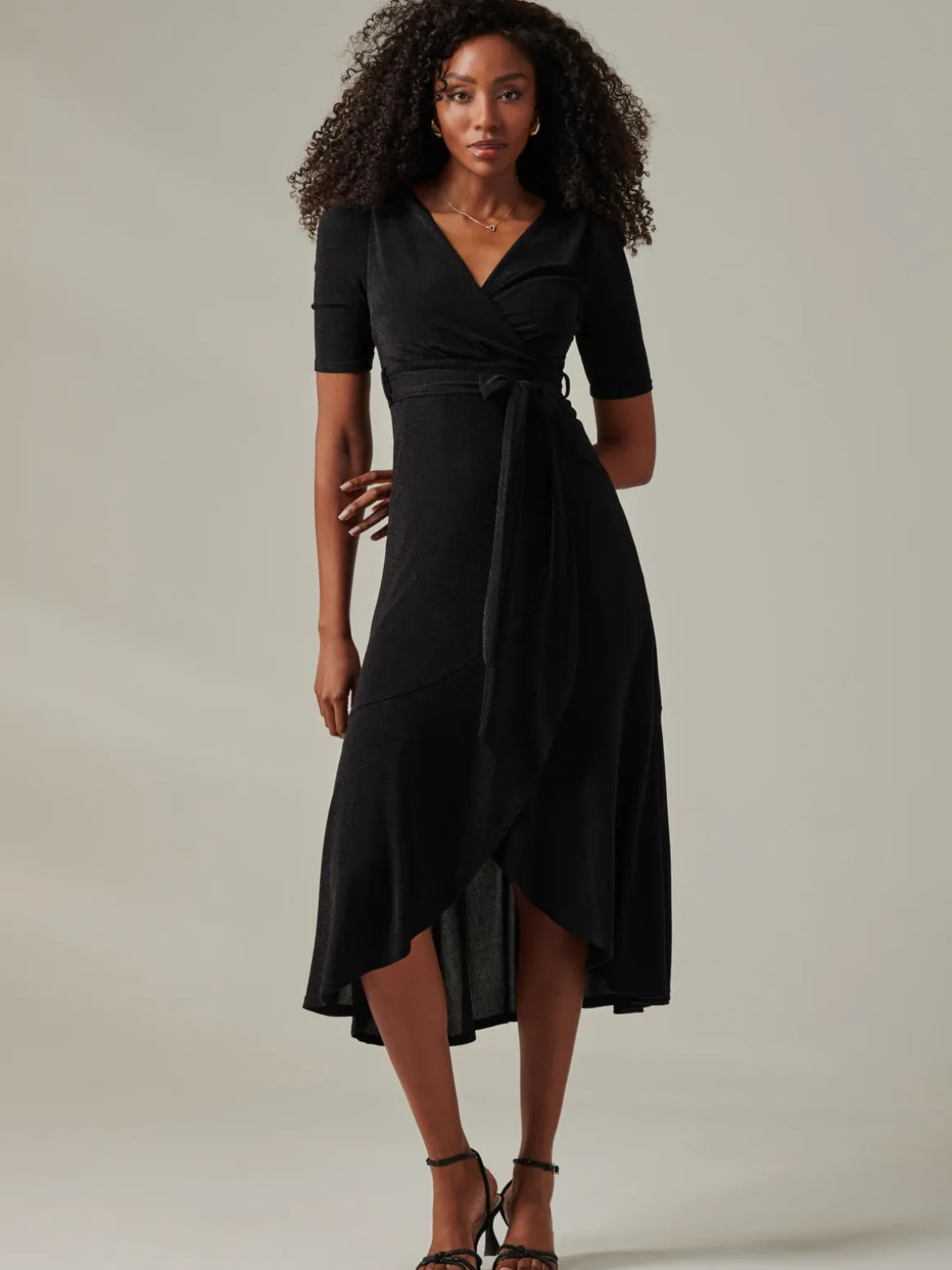 Metallic Tie Waist Wrapped Maxi Dress, Black