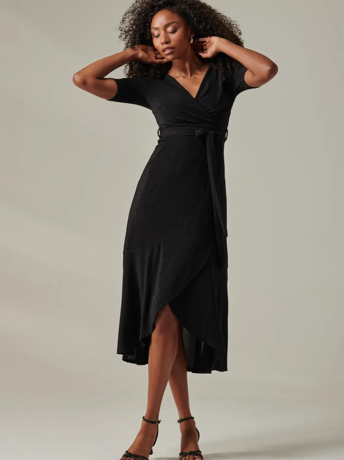 Metallic Tie Waist Wrapped Maxi Dress, Black