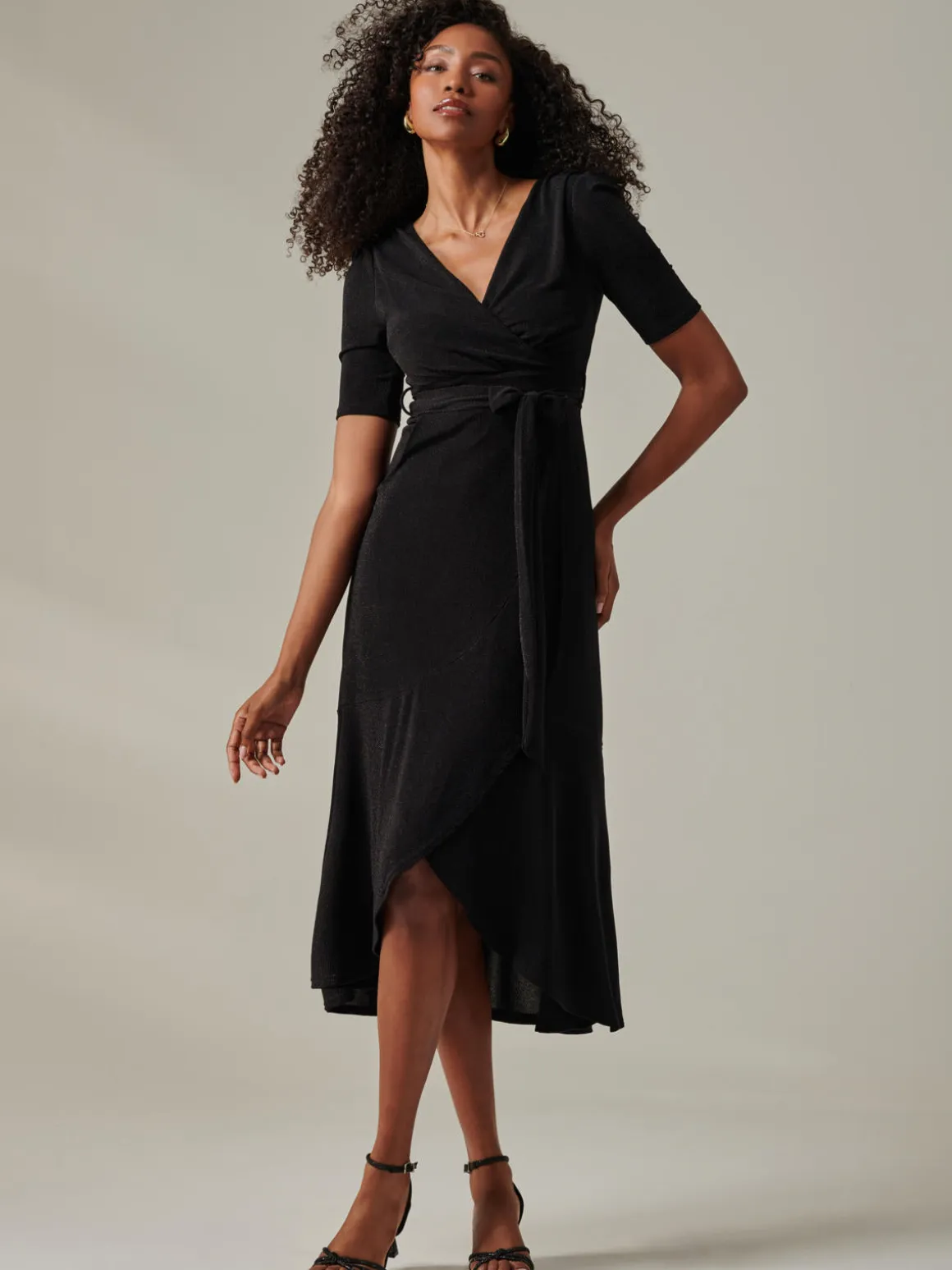 Metallic Tie Waist Wrapped Maxi Dress, Black