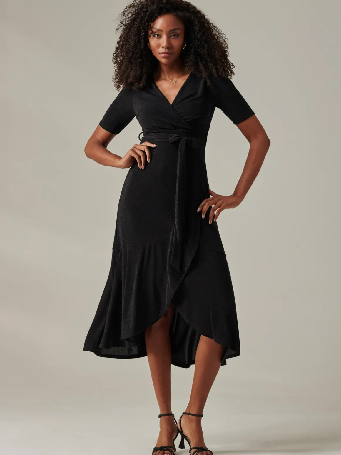 Metallic Tie Waist Wrapped Maxi Dress, Black