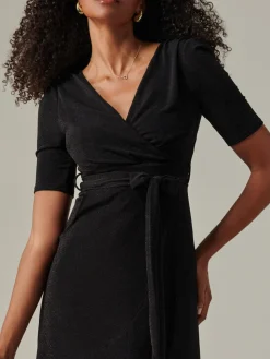 Metallic Tie Waist Wrapped Maxi Dress, Black