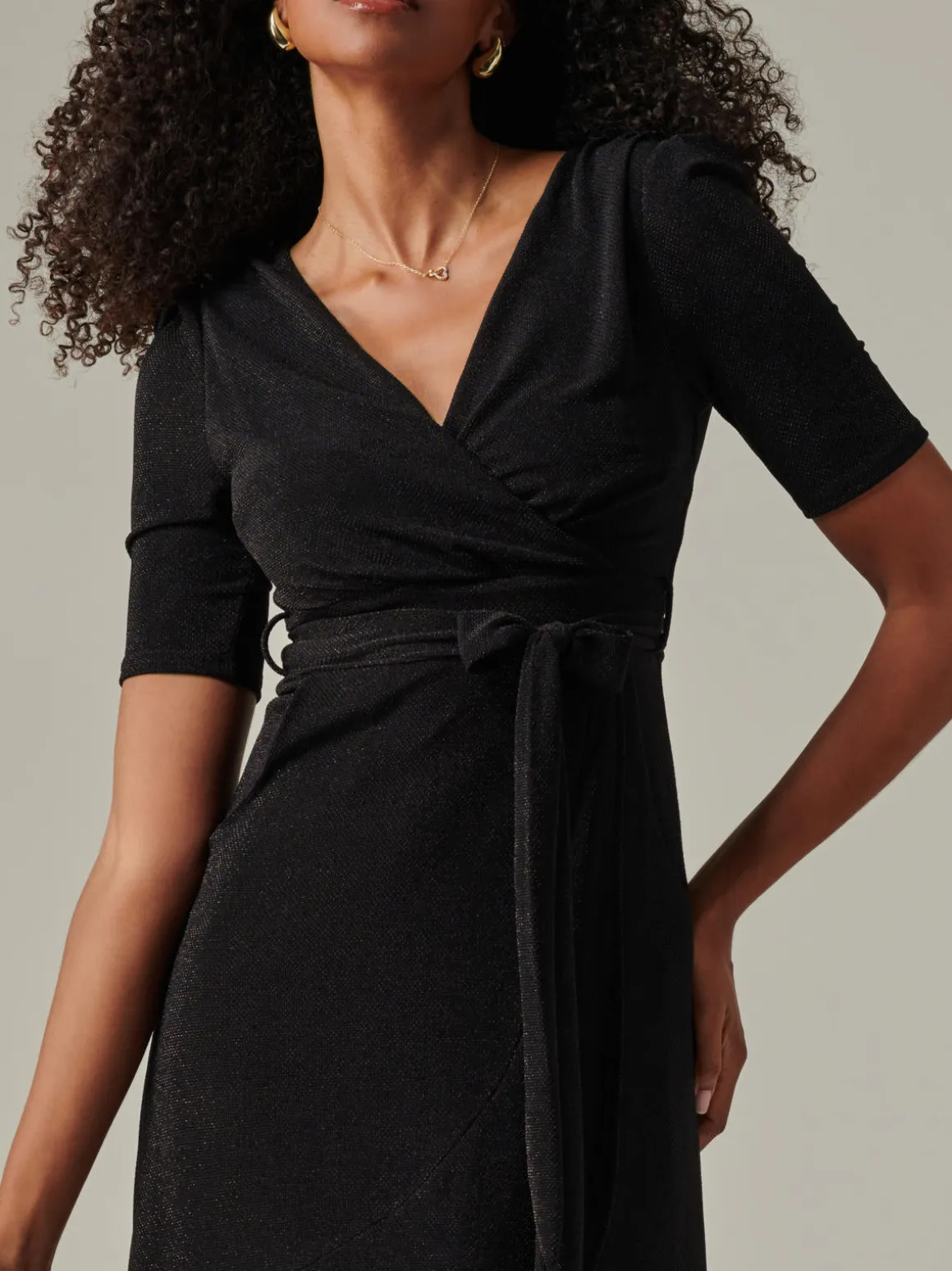Metallic Tie Waist Wrapped Maxi Dress, Black