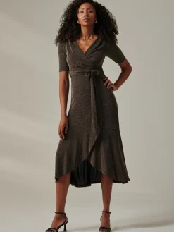 Metallic Tie Waist Wrapped Maxi Dress, Black/Gold