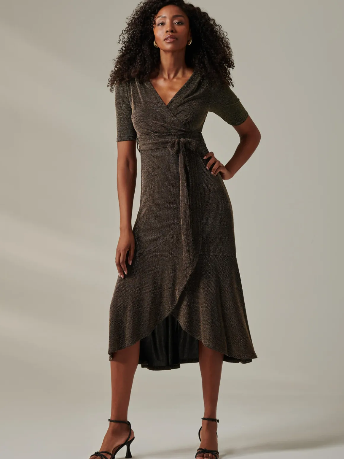 Metallic Tie Waist Wrapped Maxi Dress, Black/Gold
