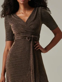 Metallic Tie Waist Wrapped Maxi Dress, Black/Gold