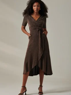 Metallic Tie Waist Wrapped Maxi Dress, Black/Gold