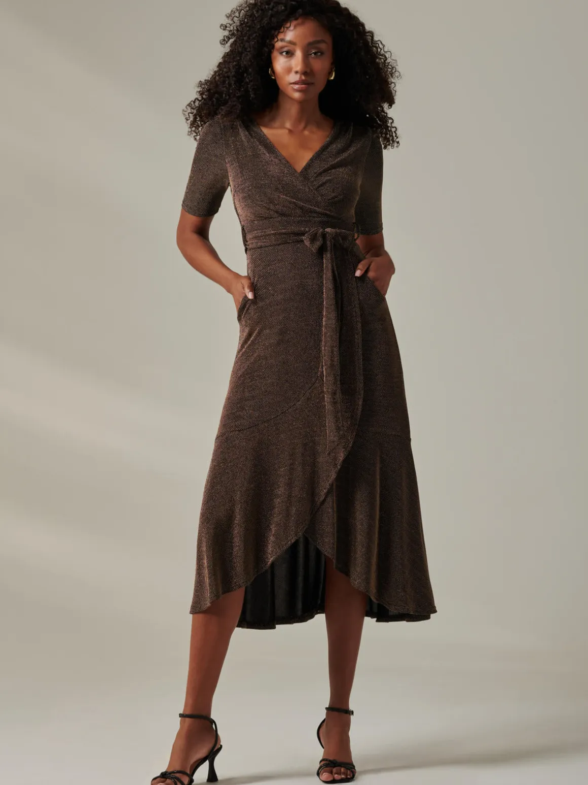 Metallic Tie Waist Wrapped Maxi Dress, Black/Gold