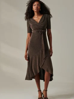 Metallic Tie Waist Wrapped Maxi Dress, Black/Gold