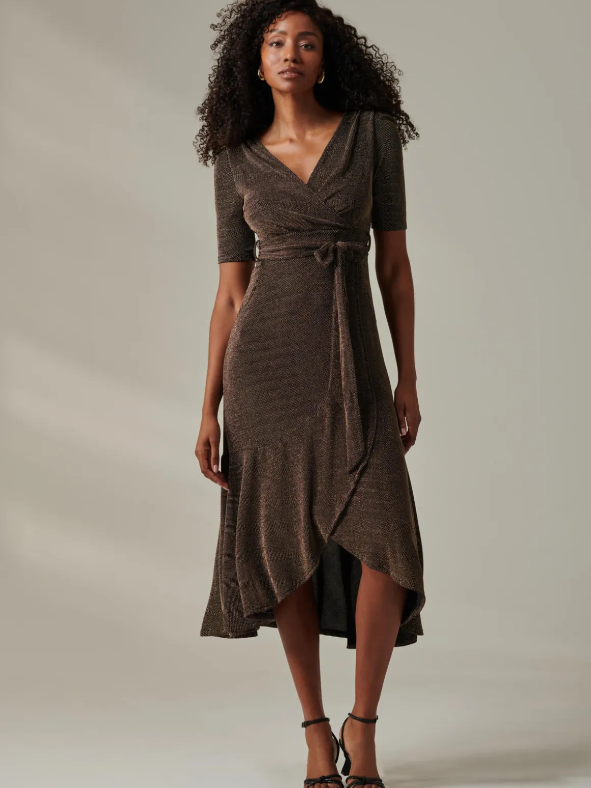 Metallic Tie Waist Wrapped Maxi Dress, Black/Gold