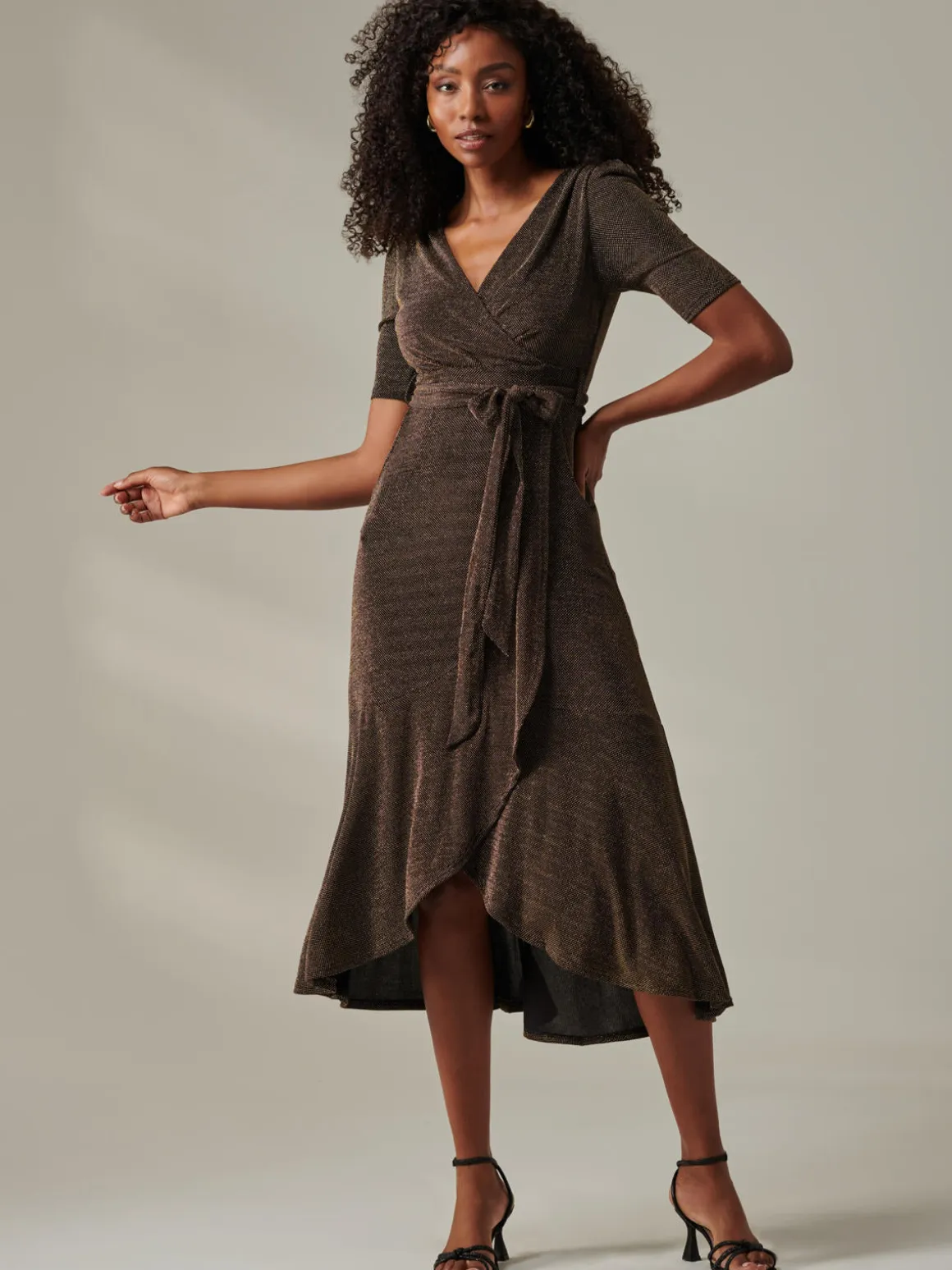 Metallic Tie Waist Wrapped Maxi Dress, Black/Gold