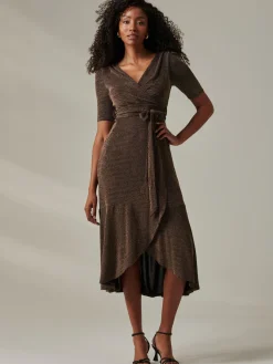 Metallic Tie Waist Wrapped Maxi Dress, Black/Gold