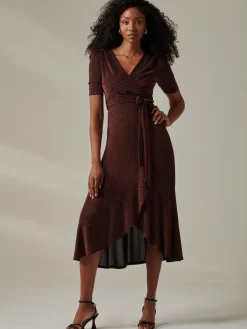 Metallic Tie Waist Wrapped Maxi Dress, Gold/Red