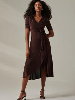 Metallic Tie Waist Wrapped Maxi Dress, Gold/Red