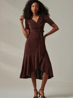 Metallic Tie Waist Wrapped Maxi Dress, Gold/Red