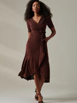 Metallic Tie Waist Wrapped Maxi Dress, Gold/Red