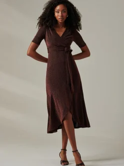 Metallic Tie Waist Wrapped Maxi Dress, Gold/Red