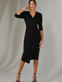 Metallic Wrap Bodycon Dress, Black