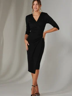 Metallic Wrap Bodycon Dress, Black