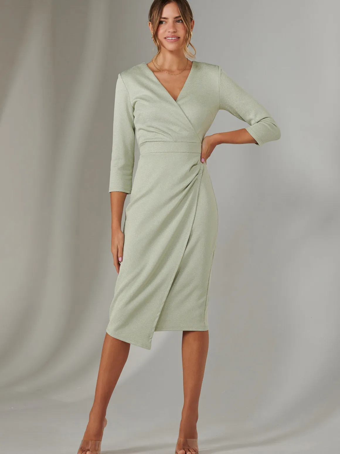 Metallic Wrap Bodycon Dress, Light Green
