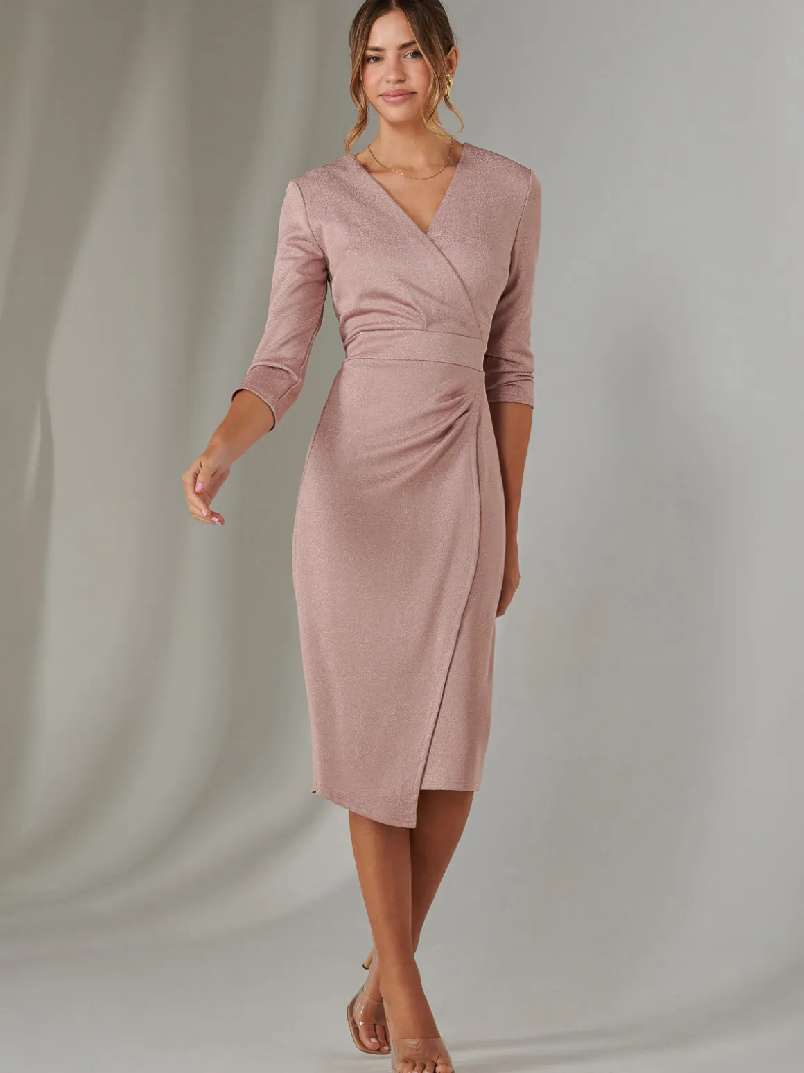 Metallic Wrap Bodycon Dress, Pink