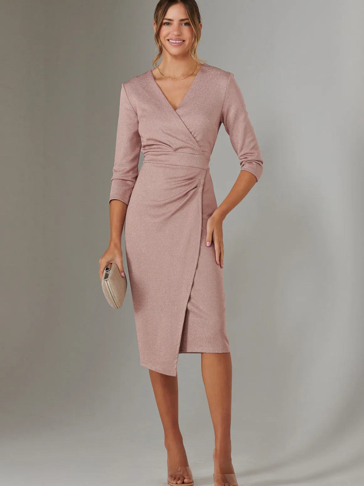 Metallic Wrap Bodycon Dress, Pink