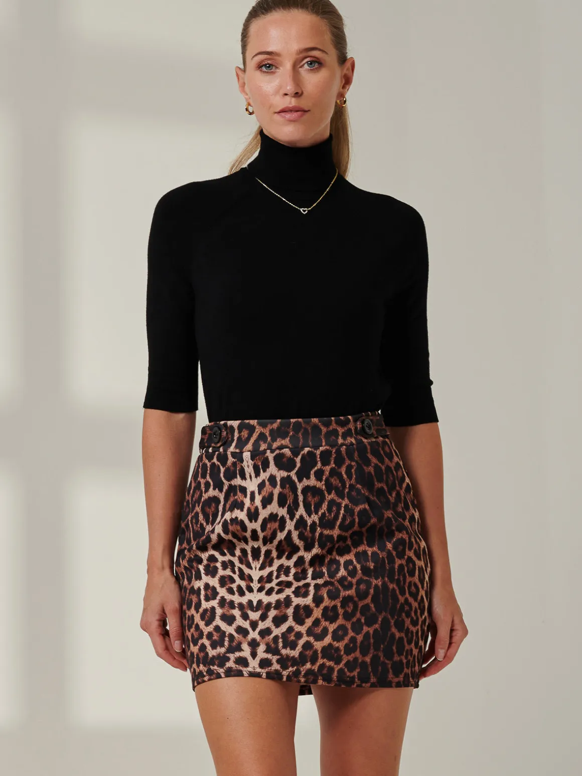 Mini Skirt With Button Detail, Black Leopard